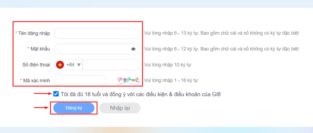 Bạn nhập tên, mật khẩu và mã xác minh để đăng ký tài khoản Gi8.