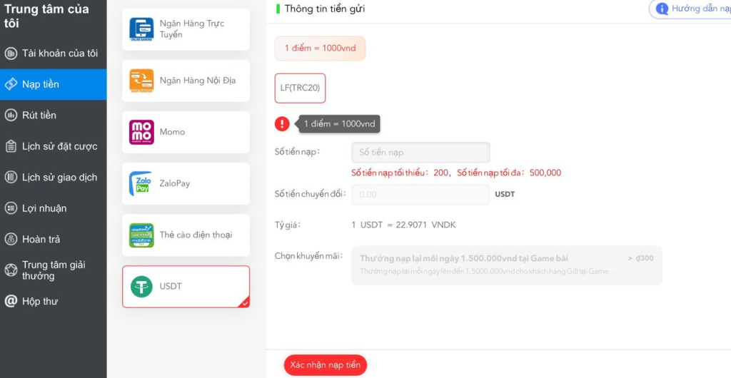Bạn nhấn “Trung tâm của tôi” sau đó chọn mục “Nạp tiền” rồi điền thông tin.